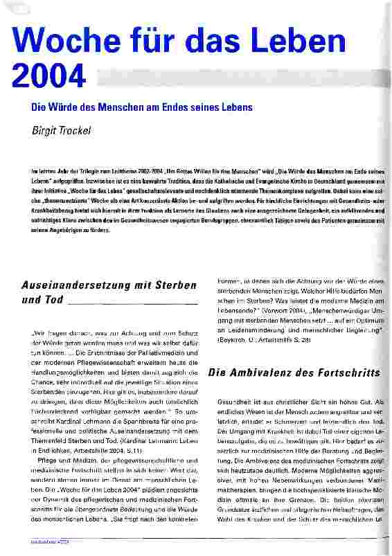 Vorschauseite 1: Woche für das Leben 2004 Die Würde des Menschen am Ende seines Lebens