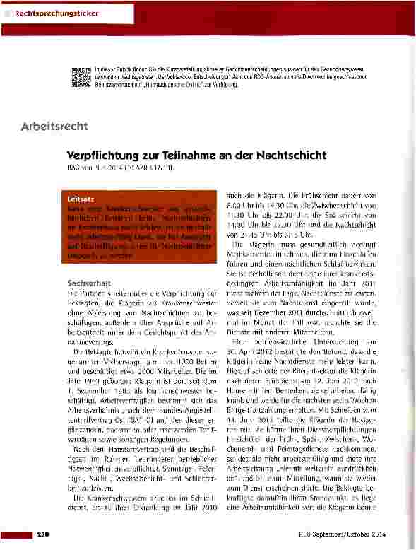 Vorschauseite 1: Verpflichtung zur Teilnahme an der Nachtschicht BAG vom 9.4.2014 (10 AZR 637/13)