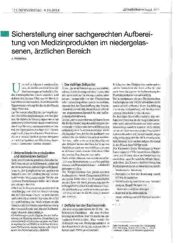 Vorschauseite 1: Sicherstellung einer sachgerechten Aufbereitung von Medizinprodukten im niedergelassenen, ärztlichen Bereich