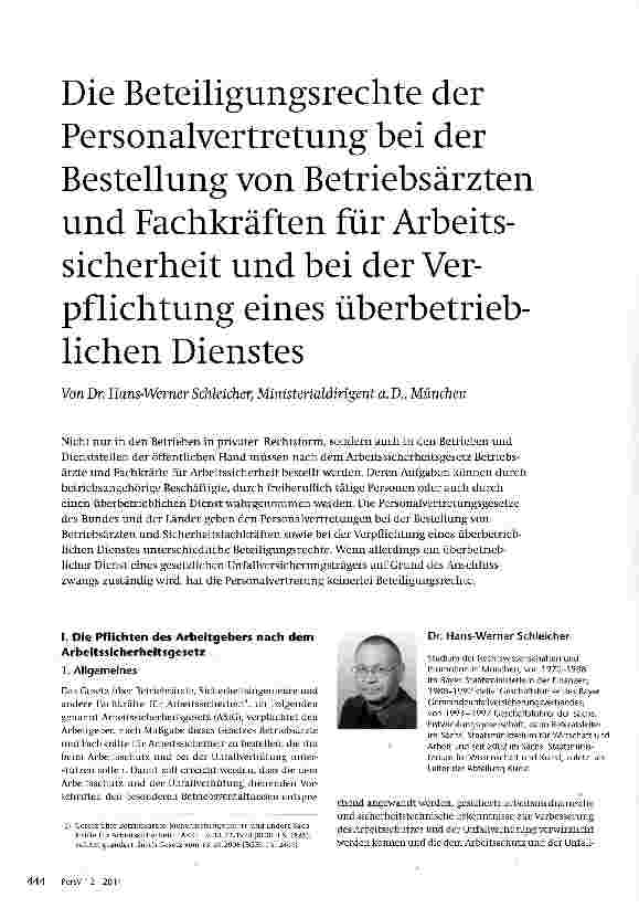 Vorschauseite 1: Die Beteiligungsrechte der Personalvertretung bei der Bestellung von Betriebsärzten und Fachkräften für Arbeitssicherheit und bei der Verpflichtung eines überbetrieblichen Dienstes