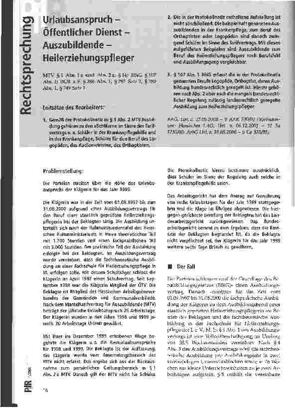 Vorschauseite 1: Urlaubsanspruch - Öffentlicher Dienst - Auszubildende - Heilerziehungspfleger BAG, Urt. v. 27.05.2003
