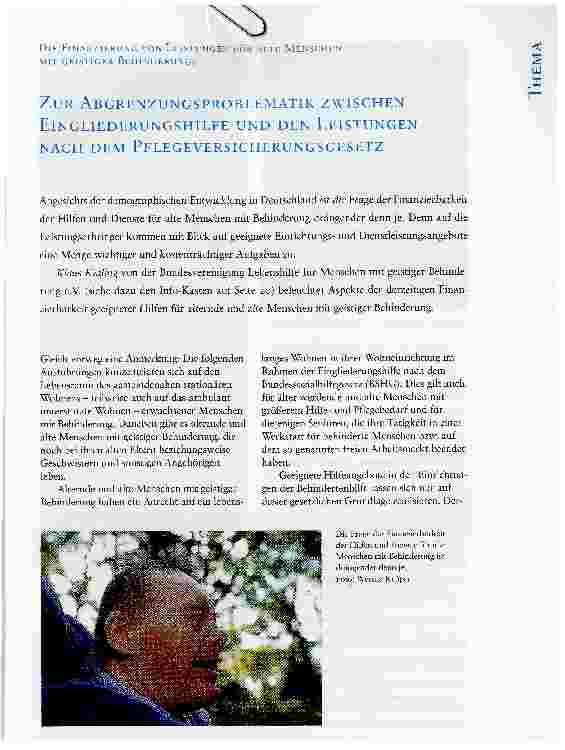 Vorschauseite 1: ZUR ABGRENZUNGSPROBLEMATIK ZWISCHEN EINGLIEDERUNGSHILFE UND DEN LEISTUNGEN NACH DEM PFLEGEVERSICHERUNGSGESETZDIE FINANZIERUNG VON LEISTUNGEN FÜR ALTE MENSCHEN MIT GEISTIGER BEHIND…