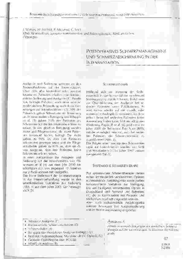 Vorschauseite 1: POSTOPERATIVES SCHMERZMANAGEMENT UND SCHMERZABSCHIRMUNG IN DER INTENSIVSTATION