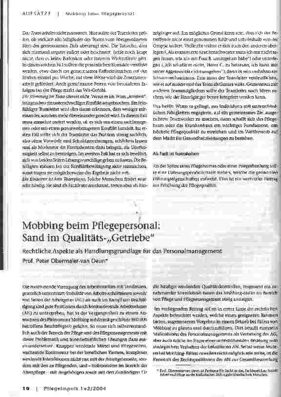 Vorschauseite 1: Mobbing beim Pflegepersonal: Sand im Qualitäts-Getriebe