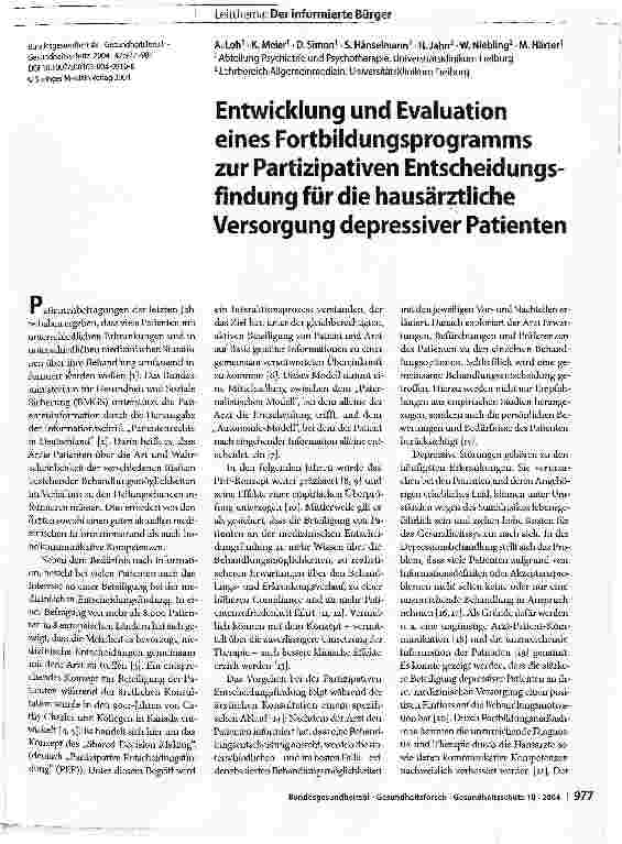 Vorschauseite 1: Entwicklung und Evaluation eines Fortbildungsprogramms zur Partizipativen Entscheidungsfindung für die hausärztliche Versorgung depressiver Patienten