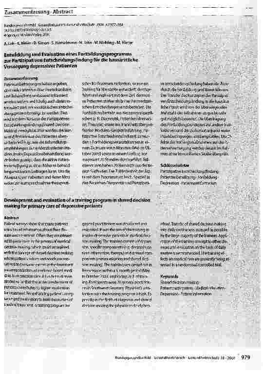 Vorschauseite 3: Entwicklung und Evaluation eines Fortbildungsprogramms zur Partizipativen Entscheidungsfindung für die hausärztliche Versorgung depressiver Patienten