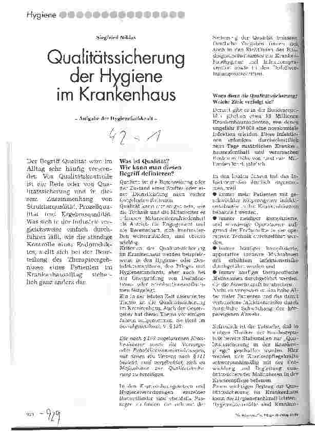 Vorschauseite 1: Qualitätssicherung der Hygiene im Krankenhaus Aufgabe der Hygienefachkraft
