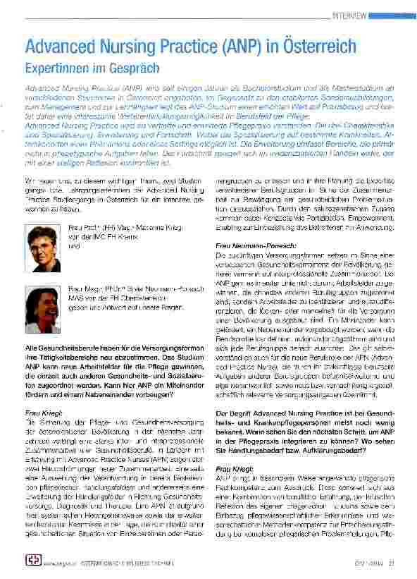Vorschauseite 1: Advanced Nursing Practice (ANP) in Österreich