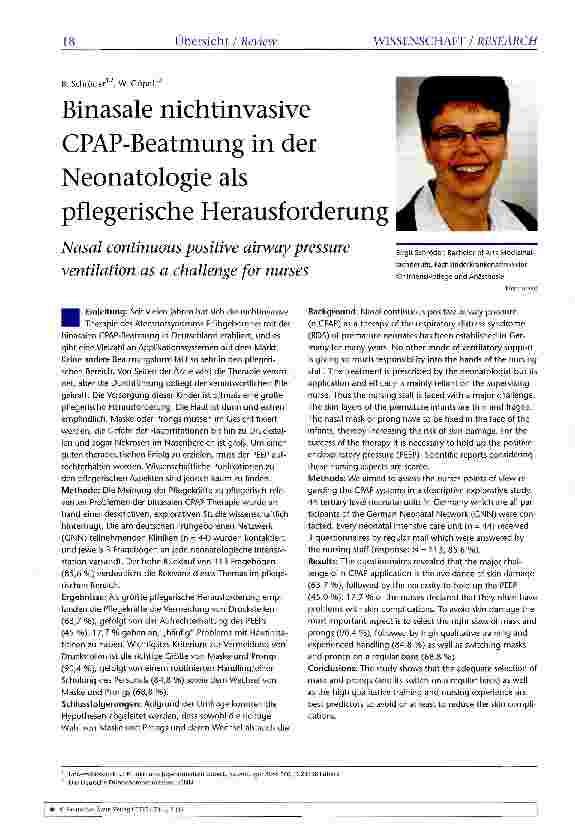 Vorschauseite 1: Binasale nichtinvasive CPAP-Beatmung in der Neonatologie als pflegerische Herausforderung