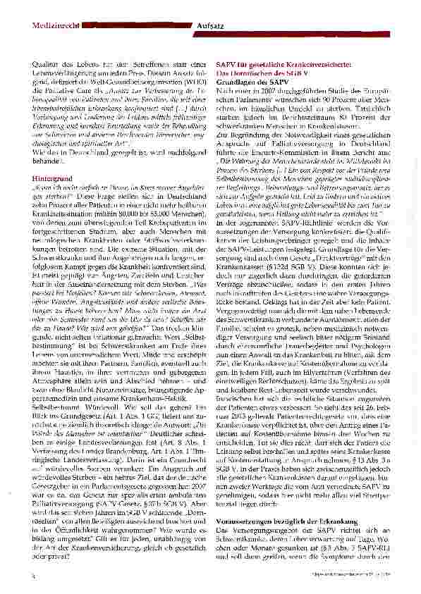 Vorschauseite 2: Spezialisierte Ambulante Palliativversorgung (SAPV) - eine Bilanz