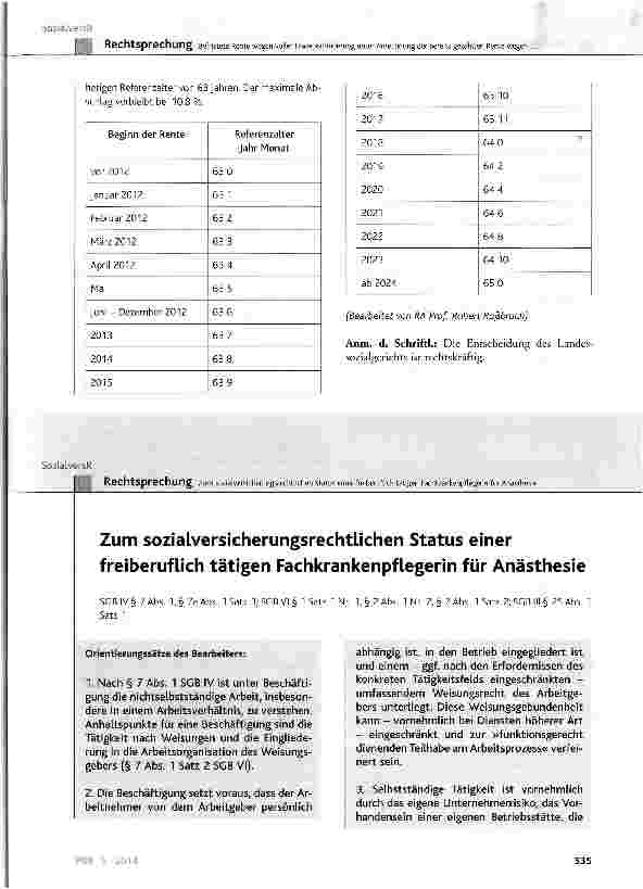 Vorschauseite 1: Zum sozialversicherungsrechtlichen Status einer freiberuflich tätigen Fachkrankenpflegerin für Anästhesie