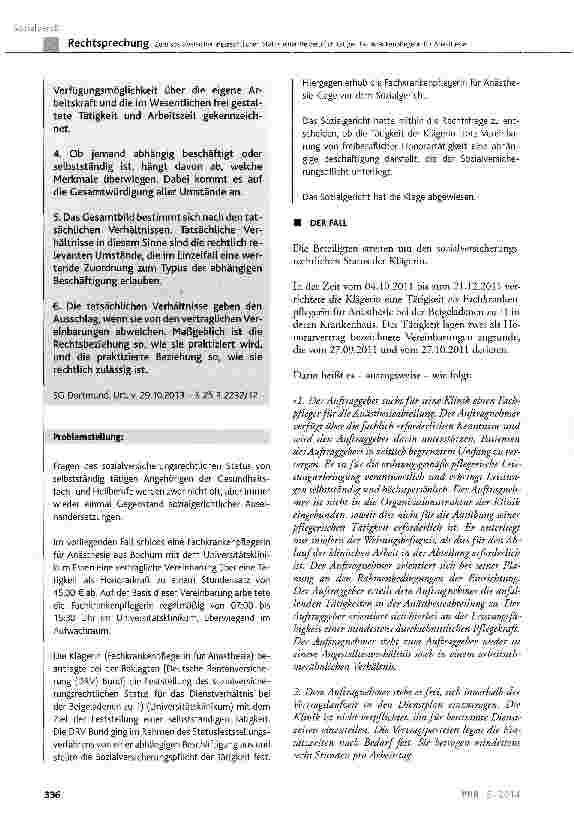 Vorschauseite 2: Zum sozialversicherungsrechtlichen Status einer freiberuflich tätigen Fachkrankenpflegerin für Anästhesie