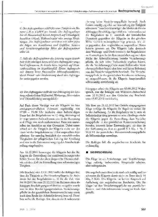 Vorschauseite 3: Zum sozialversicherungsrechtlichen Status einer freiberuflich tätigen Fachkrankenpflegerin für Anästhesie