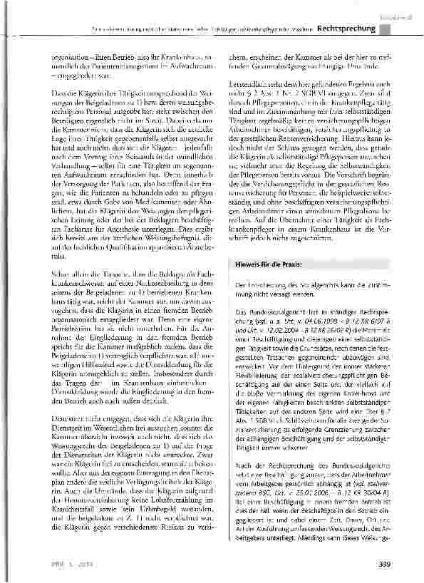 Vorschauseite 5: Zum sozialversicherungsrechtlichen Status einer freiberuflich tätigen Fachkrankenpflegerin für Anästhesie