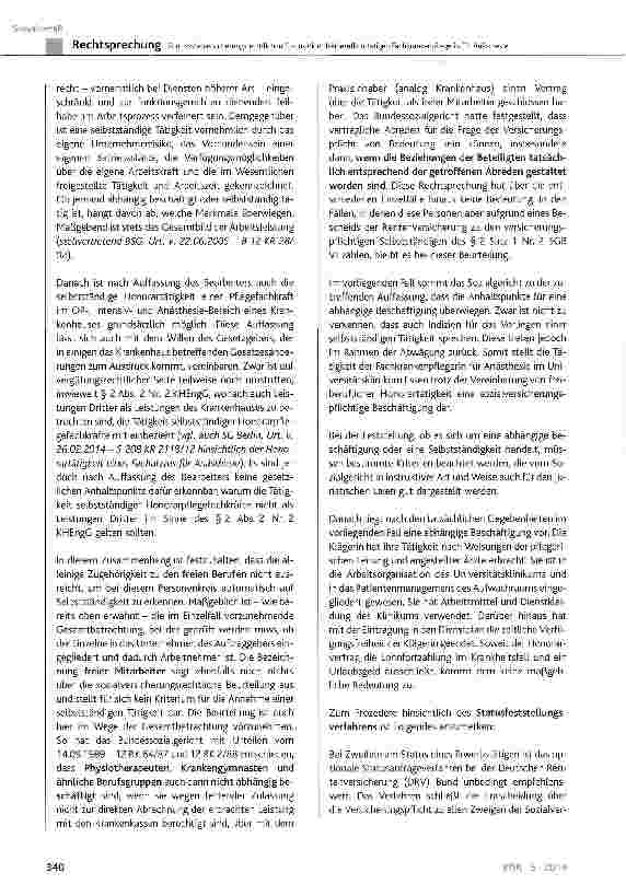 Vorschauseite 6: Zum sozialversicherungsrechtlichen Status einer freiberuflich tätigen Fachkrankenpflegerin für Anästhesie