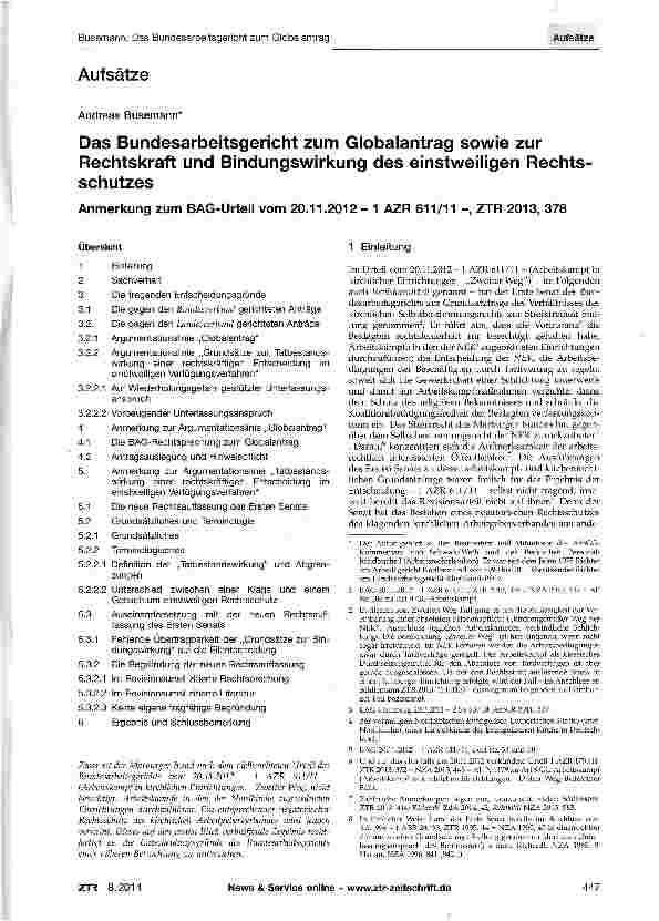Vorschauseite 1: Das Bundesarbeitsgericht zum Globalantrag sowie zur Rechtskraft und Bindungswirkung des einstweiligen Rechts-schutzes Anmerkung zum BAG-Urteil vom 20. 11. 2012 - 1 AZR 611/11 -, Z…