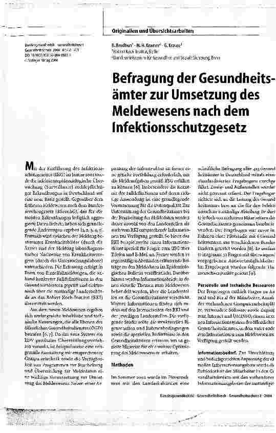 Vorschauseite 1: Befragung der Gesundheitsämter zur Umsetzung des Meldewesens nach dem Infektionsschutzgesetz