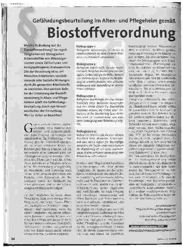 Vorschauseite 1: Gefährdungsbeurteilung im Altenund Pflegeheim gemäß Biostoffverordnung