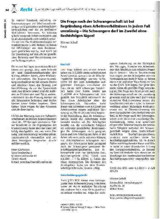 Vorschauseite 1: Die Frage nach der Schwangerschaft ist bei Begründung eines Arbeitsverhältnisses in jedem Fall unzulässig - Die Schwangere darf im Zweifel ohne Rechtsfolgen lügen!