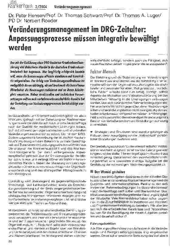 Vorschauseite 1: Veränderungsmanagement im DRG-Zeitalter Anpassungsprozesse müssen integrativ bewältigt werden
