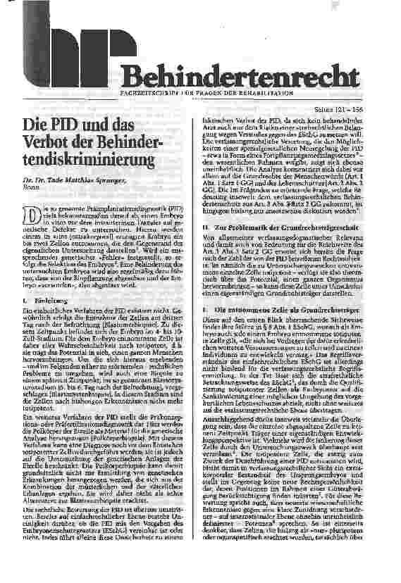 Vorschauseite 1: Die PID und das Verbot der Behindertendiskriminierung