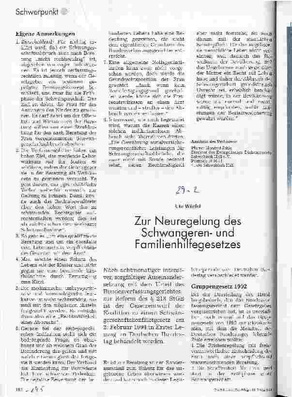 Vorschauseite 1: Zur Neuregelung des Schwangerenund Familienhilfegesetzes