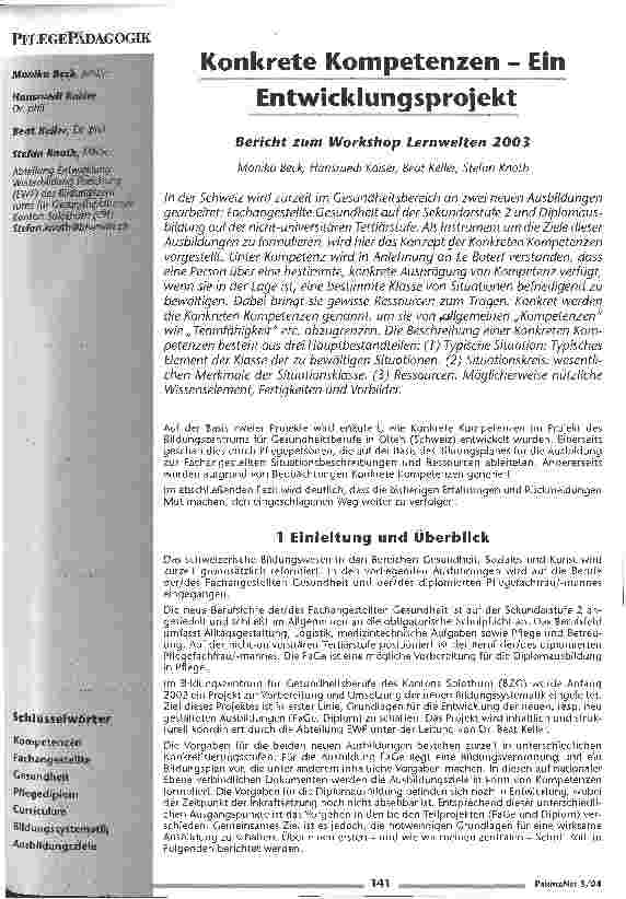 Vorschauseite 1: Konkrete Kompetenzen - Ein Entwicklungsprojekt Bericht zum Workshop Lernwelten 2003