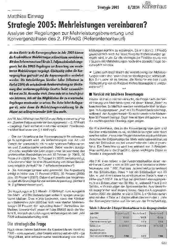 Vorschauseite 1: Strategie 2005: Mehrleistungen vereinbaren?Analyse der Regelungen zur Mehrleistungsbewertung und Konvergenzphase des 2. FPÄndG (Referentenentwurf)