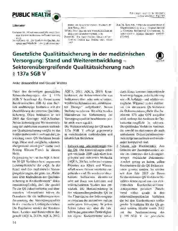 Vorschauseite 1: Gesetzliche Qualitätssicherung in der medizinischen Versorgung: Stand und Weiterentwicklung -Sektorenübergreifende Qualitätssicherung nach § 137a SGB V