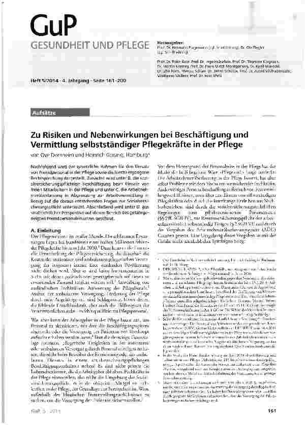 Vorschauseite 1: Zu Risiken und Nebenwirkungen bei Beschäftigung und Vermittlung selbstständiger Pflegekräfte in der Pflege