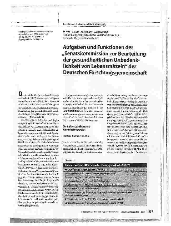 Vorschauseite 1: Aufgaben und Funktionen der Senatskommission zur Beurteilung der gesundheitlichen Unbedenklichkeit von Lebensmitteln der Deutschen Forschungsgemeinschaft