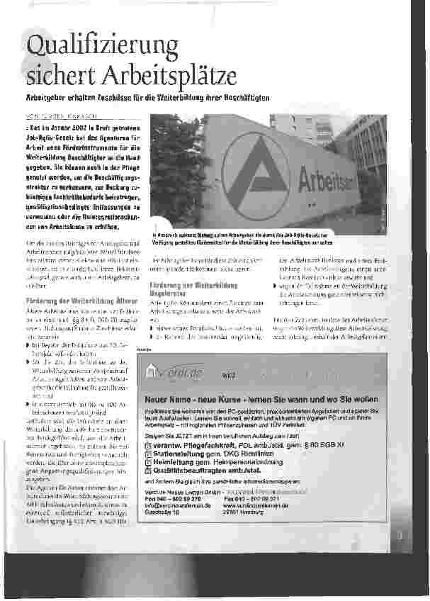 Vorschauseite 1: Qualifizierung sichert ArbeitsplätzeArbeitgeber erhalten Zuschüsse für die Weiterbildung ihrer Beschäftigten