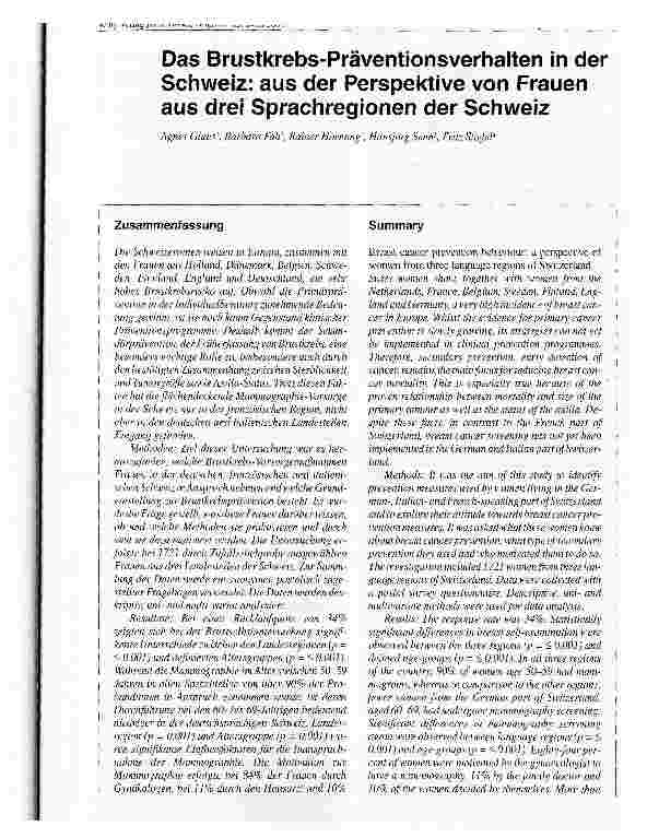 Vorschauseite 1: Das Brustkrebs-Präventionsverhalten in der Schweiz: aus der Perspektive von Frauen aus drei Sprachregionen der Schweiz