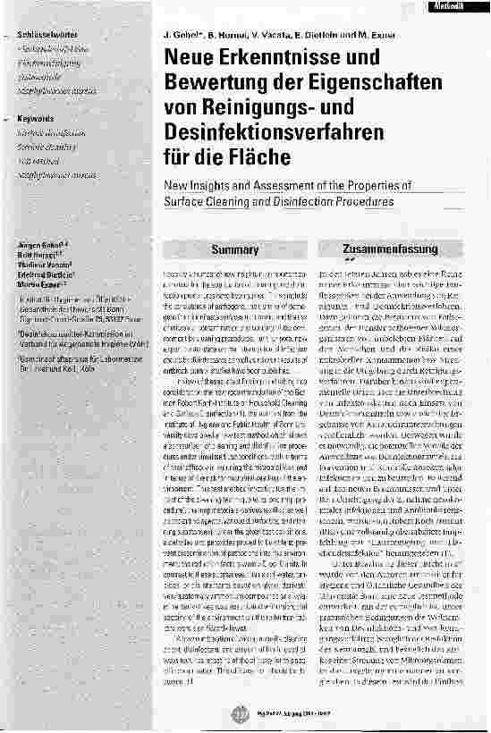 Vorschauseite 1: Neue Erkenntnisse und Bewertung der Eigenschaften von Reinigungs-und Desinfektionsverfahren für die Fläche