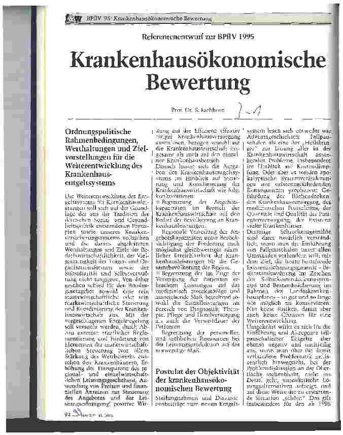 Vorschauseite 1: Krankenhausökonomische Bewertung Referentenentwurf zur BPflV 1995