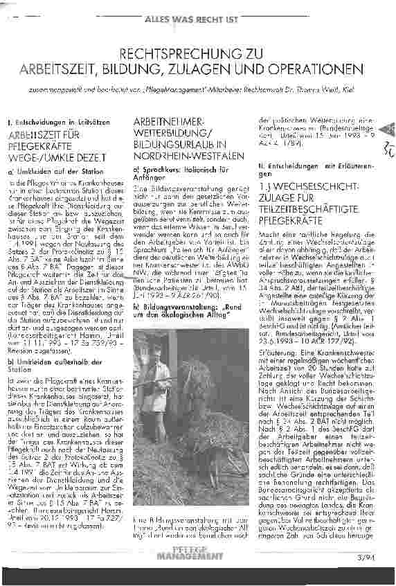 Vorschauseite 1: Rechtssprechung zu Arbeitszeit, Bildung, Zulagen und Operationen