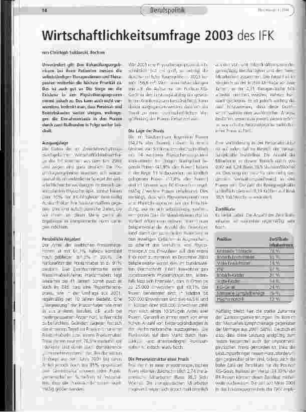 Vorschauseite 1: Wirtschaftlichkeitsumfrage 2003 des IFK