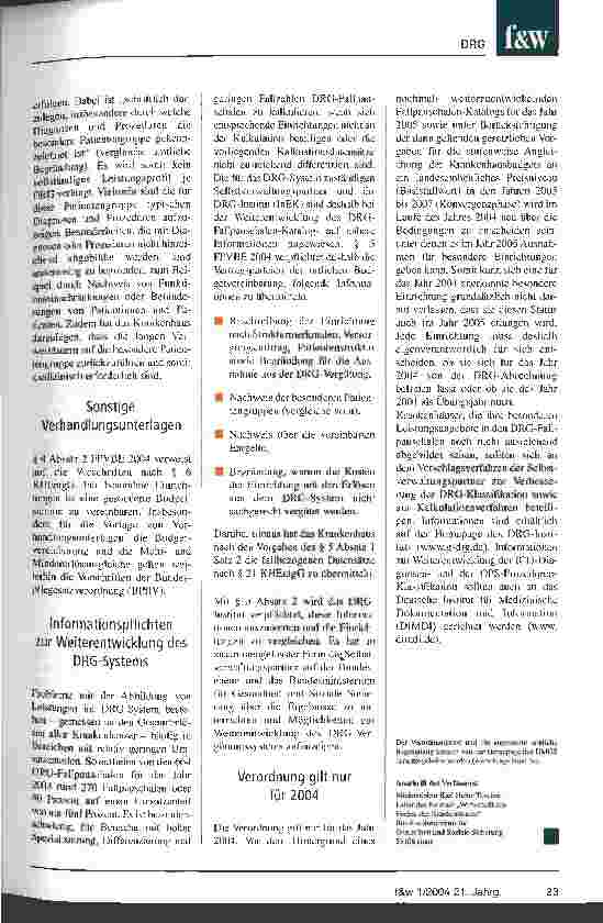 Vorschauseite 5: FPVBE 2004 in Kraft getreten Besondere Einrichtungen werden im Jahr 2004 von der DRG-Abrechnung ausgenommen
