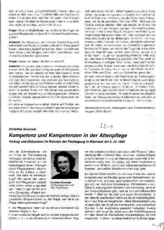 Vorschauseite 1: Kompetenz und Kompetenzen in der Altenpflege Vortrag und Diskussion am 6.10.93 i.Rahmen d.Fachtagung Kompetenz und Kompetenzen i.d.Altenpfl