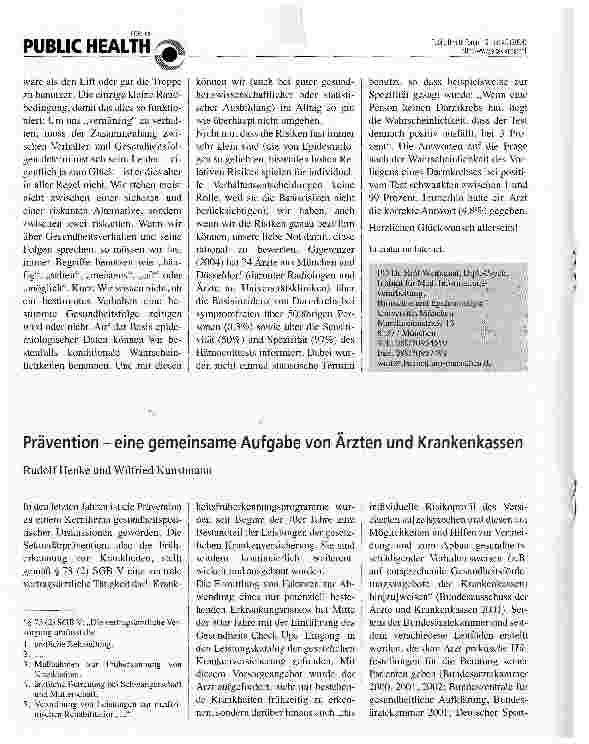 Vorschauseite 1: Prävention - eine gemeinsame Aufgabe von Ärzten und Krankenkassen