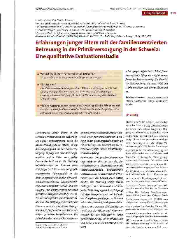 Vorschauseite 1: Erfahrungen junger Eltern mit der familienzentrierten Betreuung in der Primärversorgung in der Schweiz: Eine qualitative Evaluationsstudie