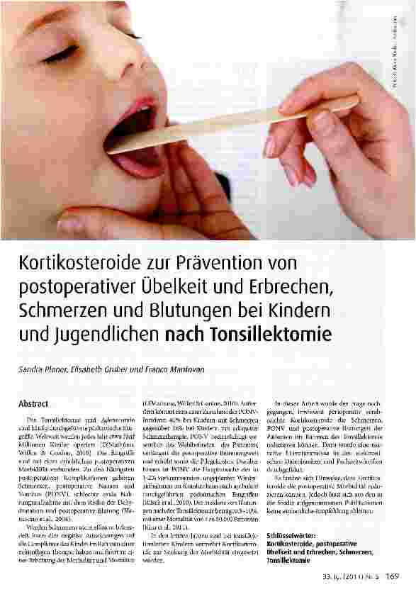 Vorschauseite 1: Kortikosteroide zur Prävention von postoperativer Übelkeit und Erbrechen, Schmerzen und Blutungen bei Kindern und Jugendlichen nach Tonsillektomie