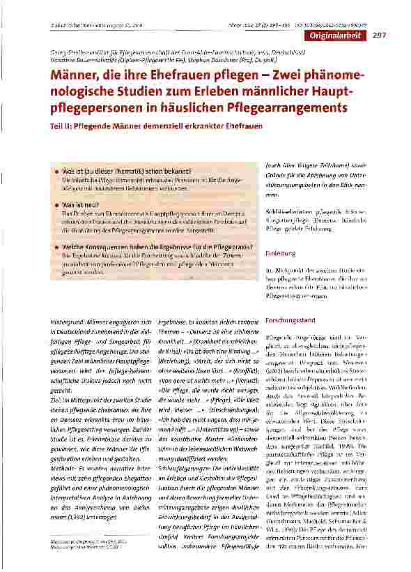 Vorschauseite 1: Männer, die ihre Ehefrauen pflegen - Zwei phänomenologische Studien zum Erleben männlicher Hauptpflegepersonen in häuslichen Pflegearrangements Teil II: Pflegende Männer demenziel…