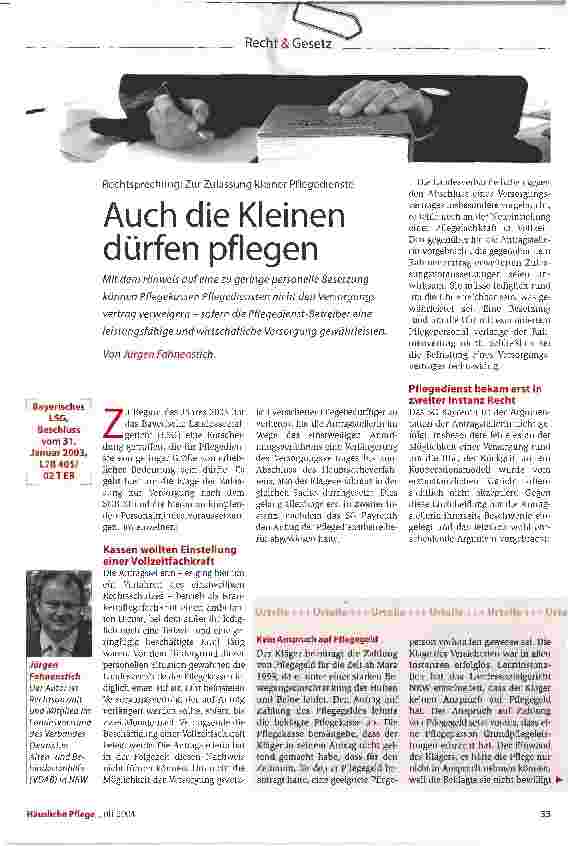 Vorschauseite 1: Auch die Kleinen dürfen pflegenRechtsprechung: Zur Zulassung kleiner Pflegedienste