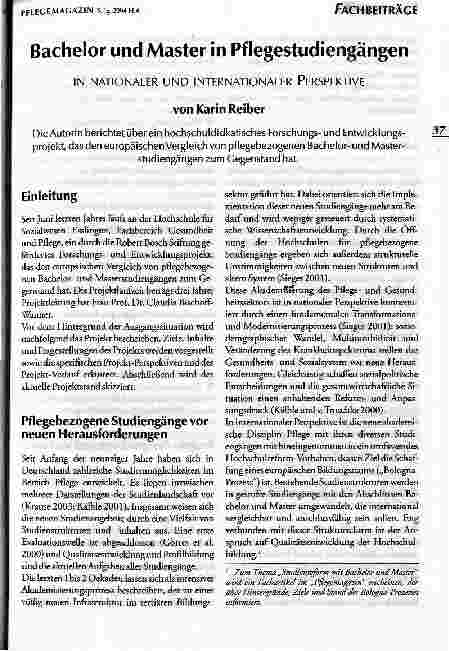 Vorschauseite 1: Bachelor und Master in PflegestudiengängenIN NATIONALER UND INTERNATIONALER PERSPEKTIVE