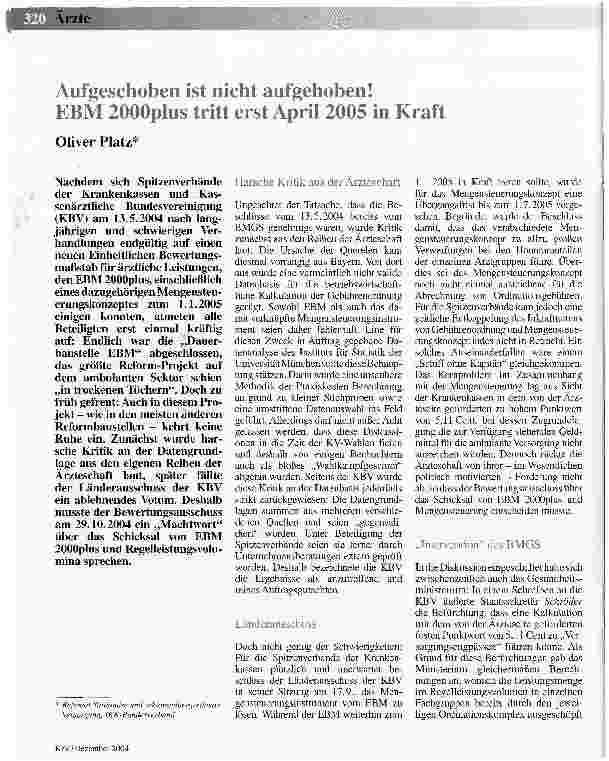 Vorschauseite 1: Aufgeschoben ist nicht aufgehoben! EBM 2000plus tritt erst April 2005 in Kraft