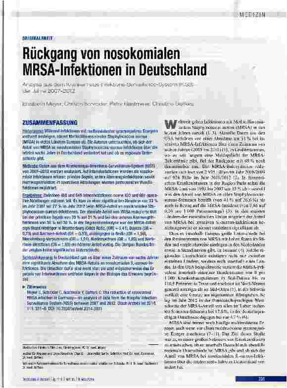 Vorschauseite 1: Rückgang von nosokomialen MRSA-Infektionen in Deutschland