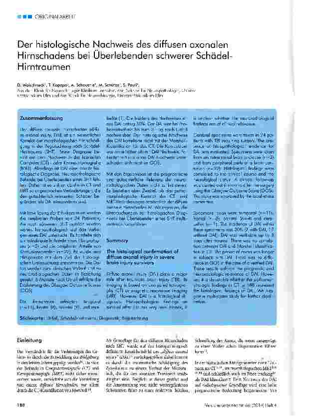 Vorschauseite 1: Der histologische Nachweis des diffusen axonalen Hirnschadens bei Überlebenden schwerer Schädel Hirntraumen