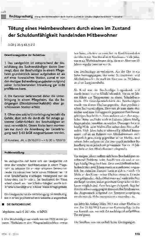 Vorschauseite 1: Tötung eines Heimbewohners durch einen im Zustand der Schuldunfähigkeit handelnden Mitbewohner StCB§ 20, §63, § 212