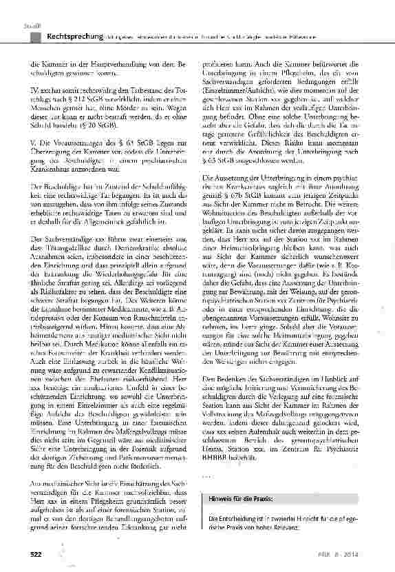 Vorschauseite 4: Tötung eines Heimbewohners durch einen im Zustand der Schuldunfähigkeit handelnden Mitbewohner StCB§ 20, §63, § 212